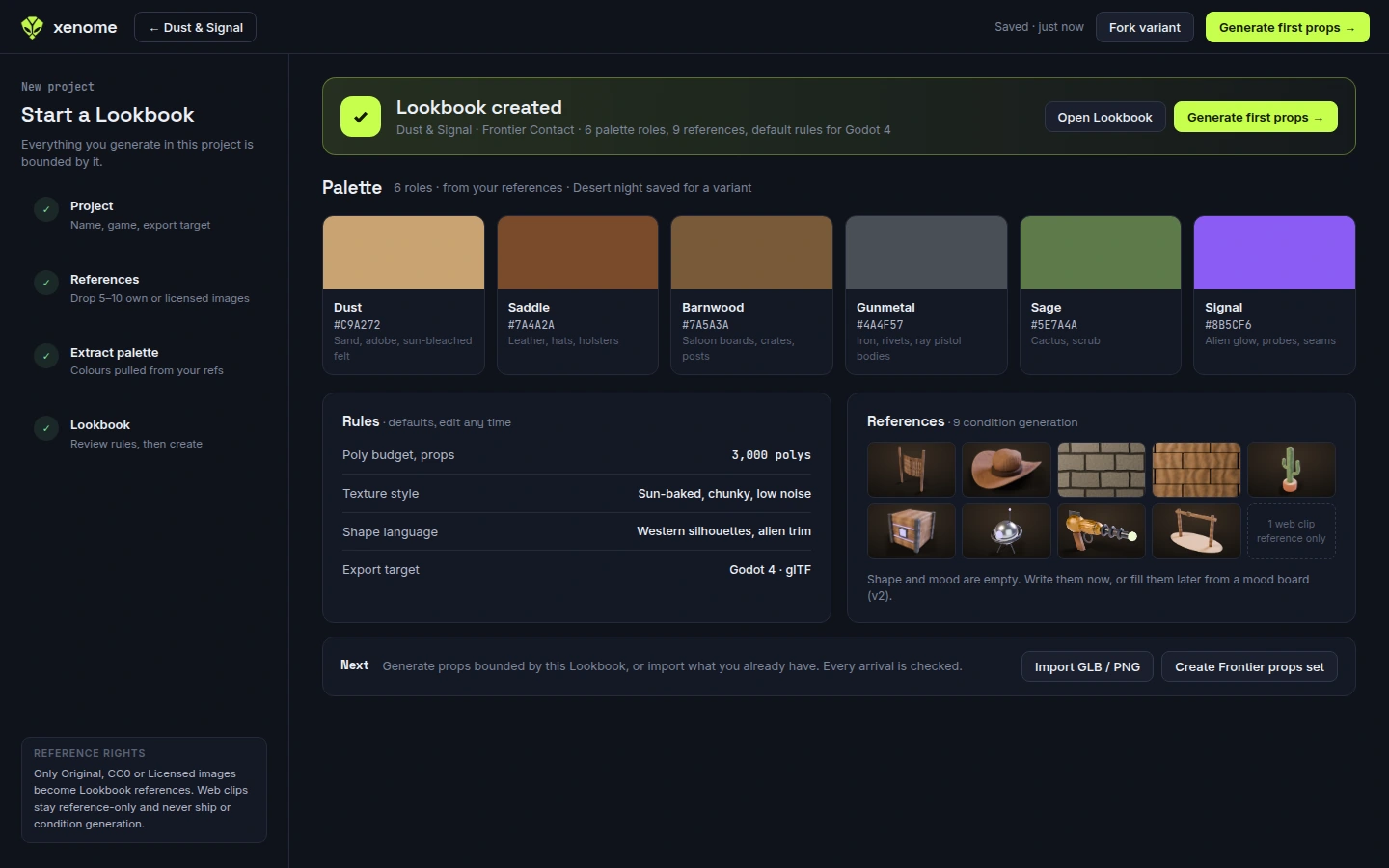 Design preview: a Lookbook with named palette roles, style rules and references for a frontier sci-fi world.