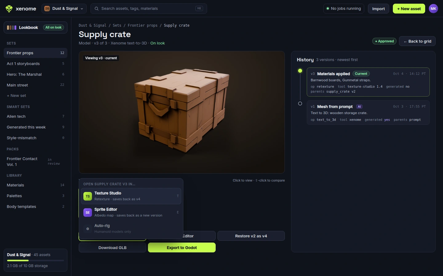 Design preview: a supply crate with material tools and saved asset versions.