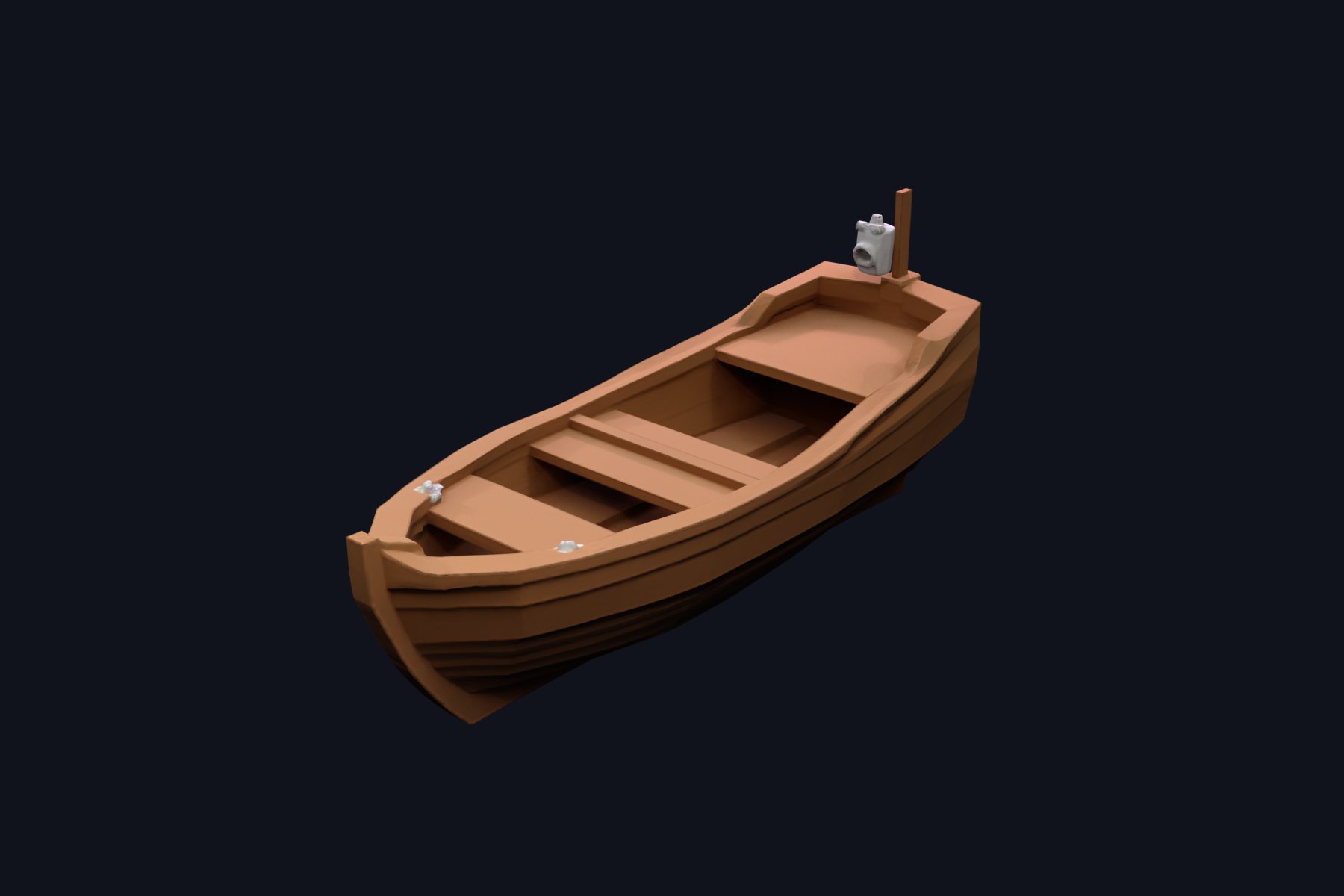 Low-poly stylized wooden dinghy with thwart seats and a small stern light.