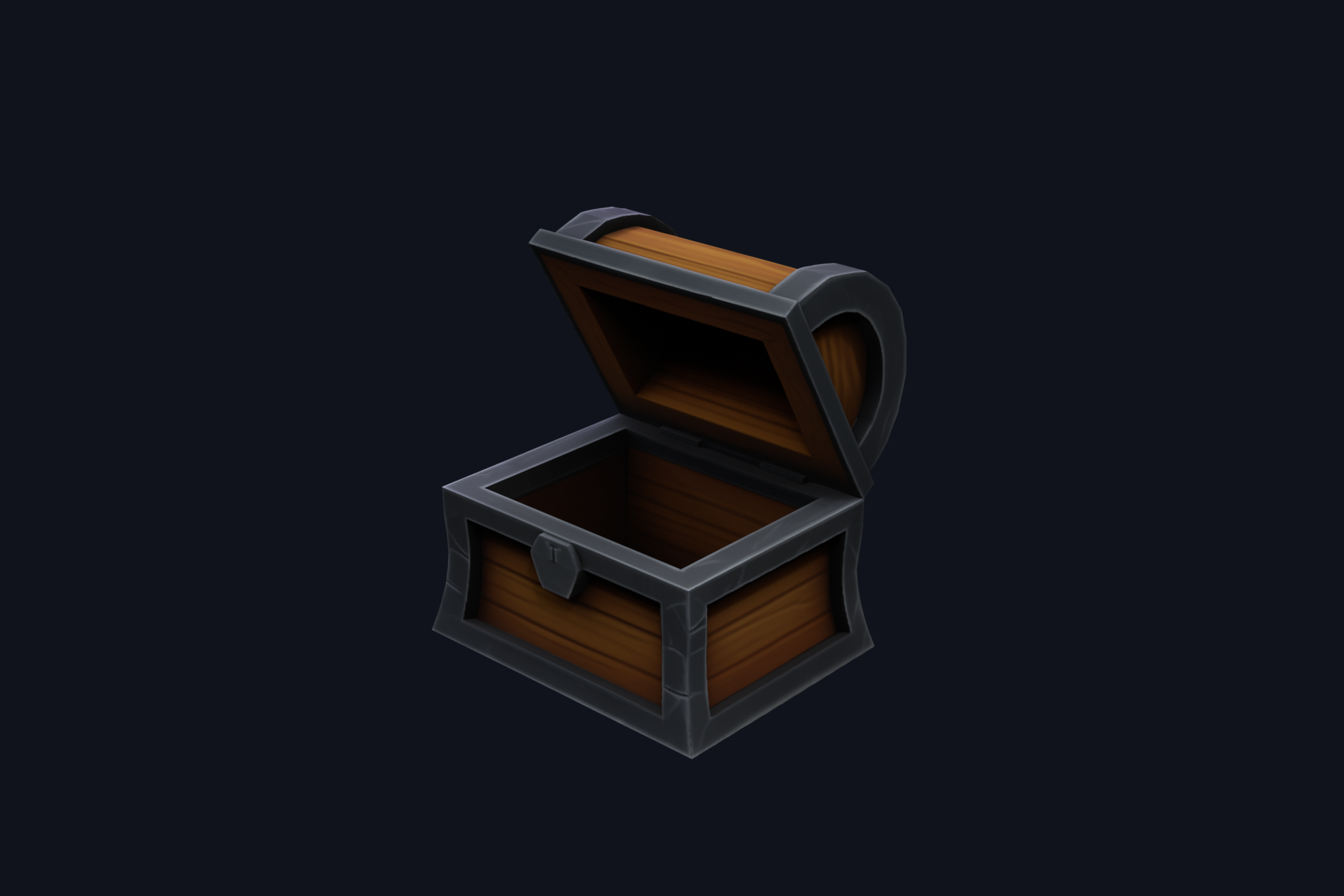 Low-poly wooden treasure chest with an open lid, dark trim, and front latch.