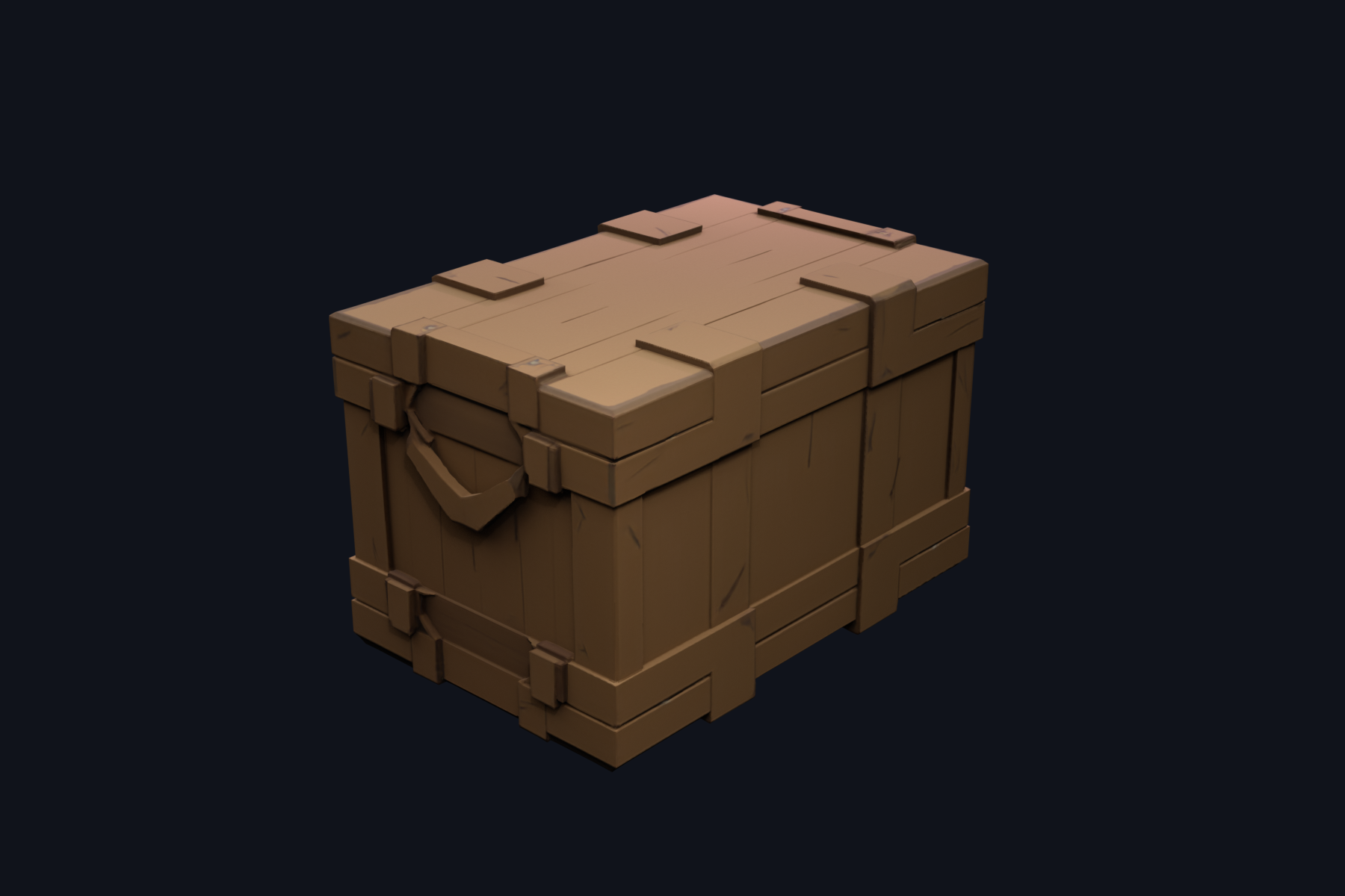 Low-poly wooden storage crate with plank sides, lid braces, and a side handle.