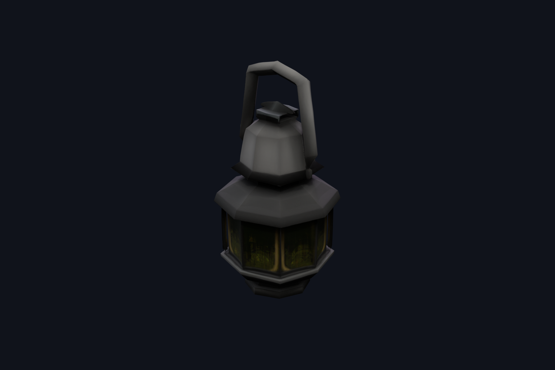 Low-poly dark oil lantern with a cage frame, tinted panels, and a top handle.
