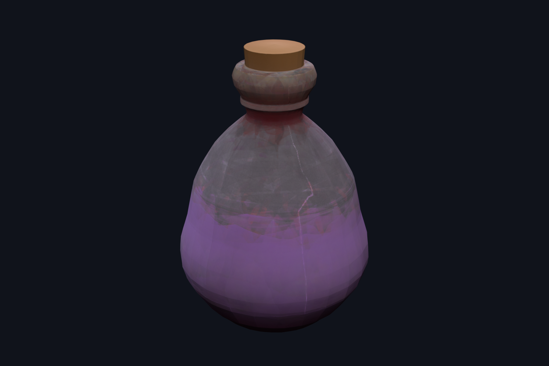 Corked glass flask filled with violet liquid.